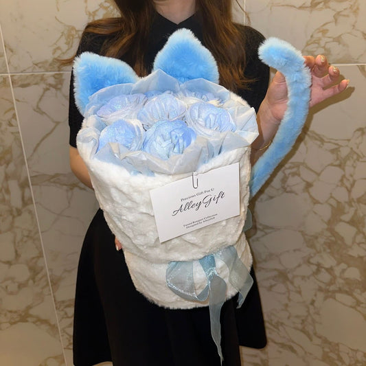 青色猫型花束 | 枯れない推し・友達へのプレゼント花束で人気 水色のグリッターローズ