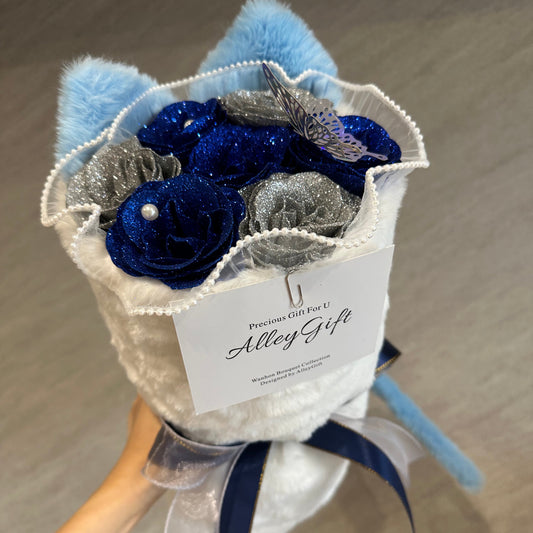 青とグレーグリッターローズを使用した猫型ブーケ　特別の安い値段で手に入るAlleyGiftの花束
