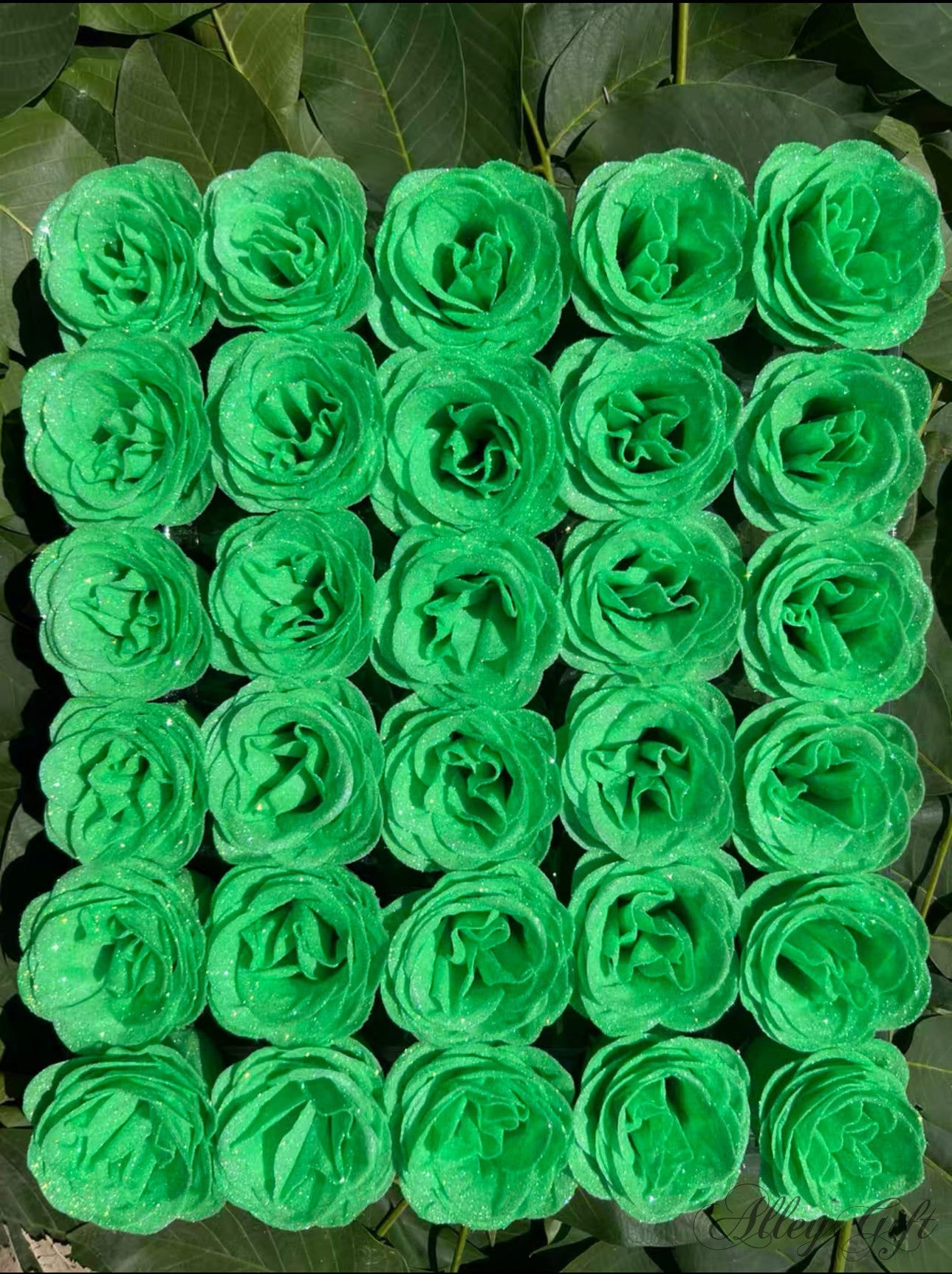 安い推し誕生日花束に選ばれている | ワンホンブーケのソープフラワーをラメ付きに変更　緑