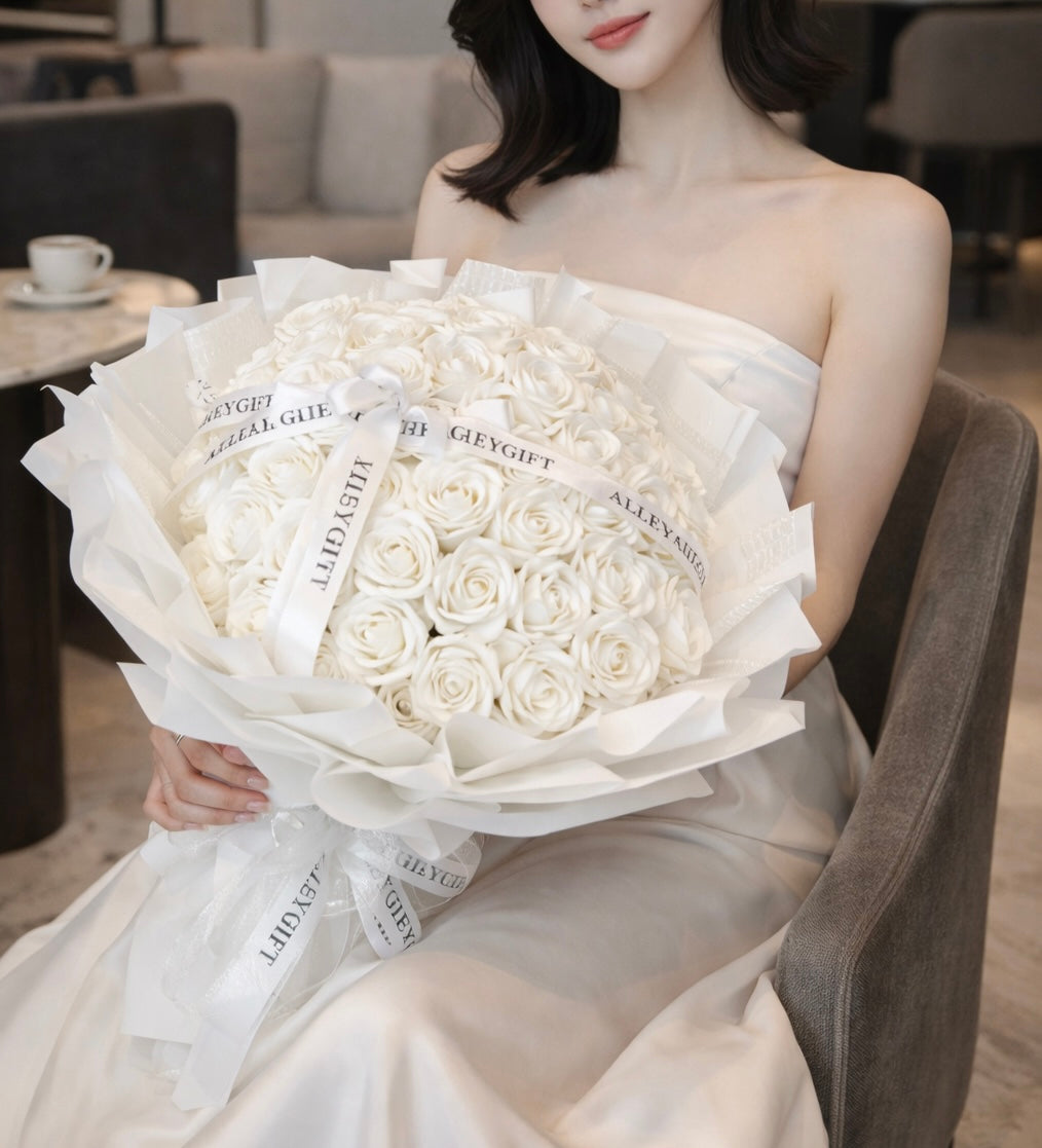 AlleyGiftの白色ソープフラワー花束50本